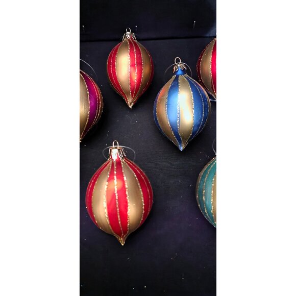 Vintage Glass Teardrop Christmas Ornaments with Gold Stripes and Glitter - Picture 5 of 11